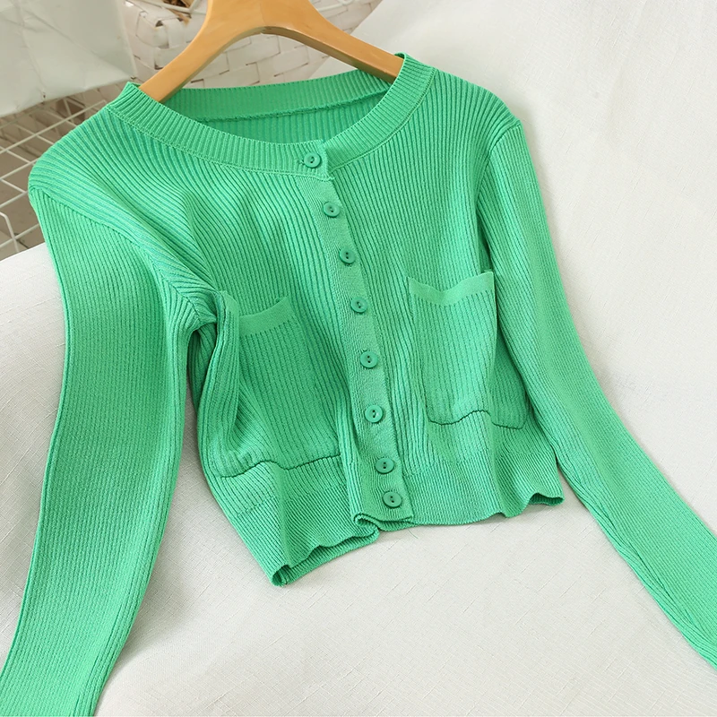 

Spring Autumn Women's Knitted Cardigan Tops Short Style Sexy Navel Tight Bottom Cardigan Solid Color Long Sleeve Cardigan GD555
