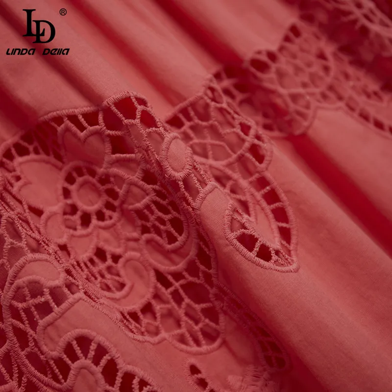 

LD LINDA DELLA 2021 Fashion Designer Summer Red Dress Women V-neck Hollow out Lace Embroidered Female Elegant Midi Dress Vestido
