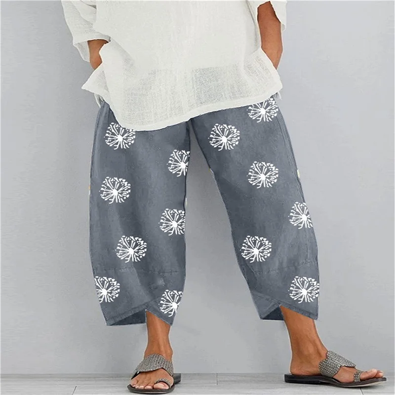 

New Summer Fashion Loose Women's Trousers Casual Sports Pants For Female Dandelion Print Elastic Waist Pocket Pants For Ladies