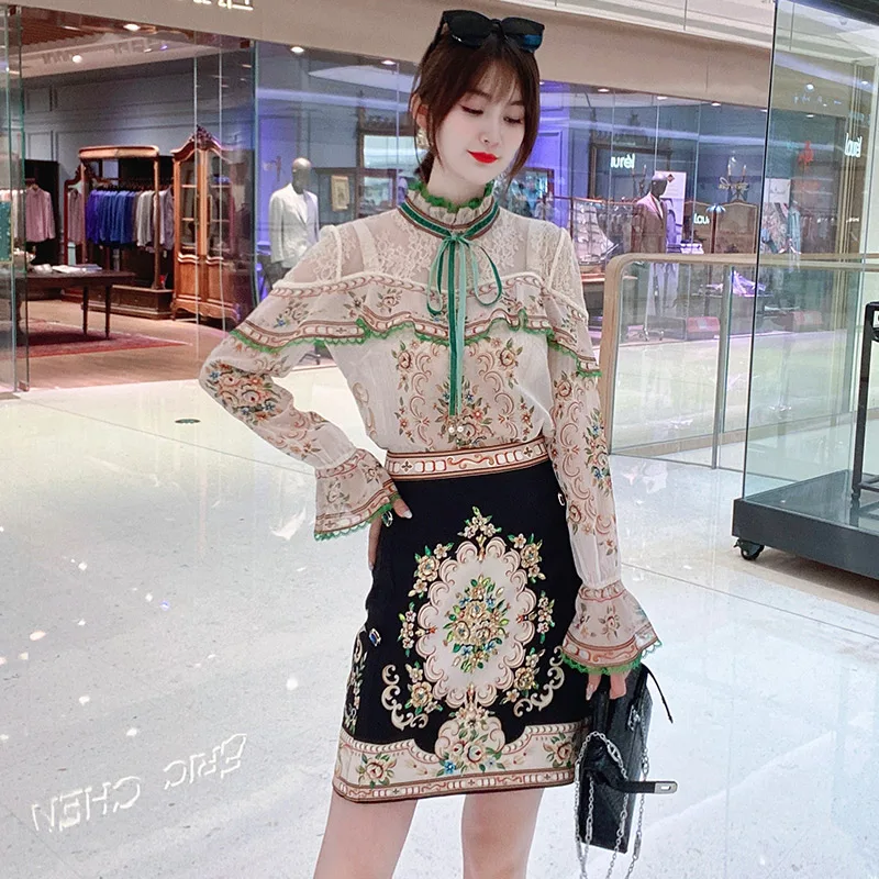 

Fashion Summer New Female Sets Striped Gold Thread Patchwork Lace Top + Fantastic Diamonds Skirt Adorable Charming Two-Piece