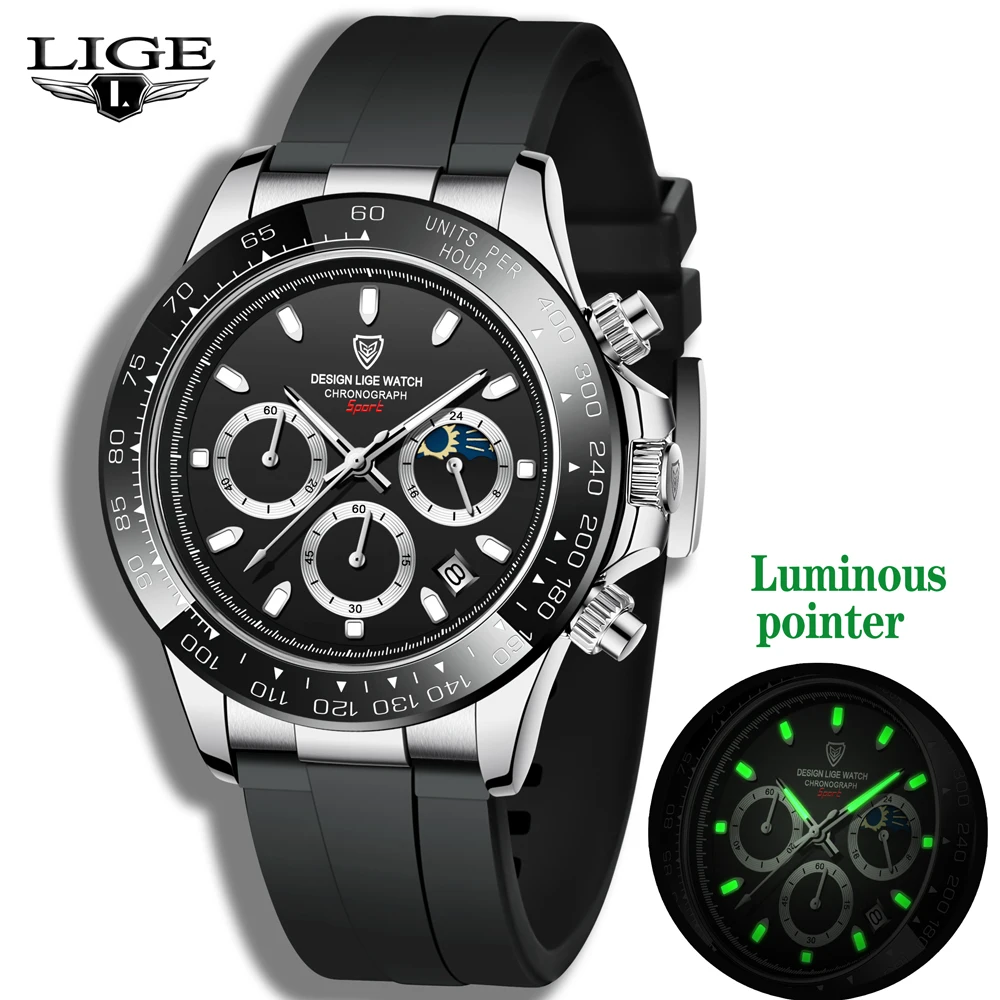 

LIGE New Watches Men Luxury Brand Multifunction Watch Big Dial Silicone Wristwatch Outdoor Waterproof Quartz Chronograph Analog