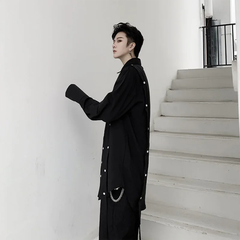 Men's Long Sleeve Shirt Spring And Autumn New Personality Detachable Button Ribbon Fashion Popular Casual Large Size Shirt
