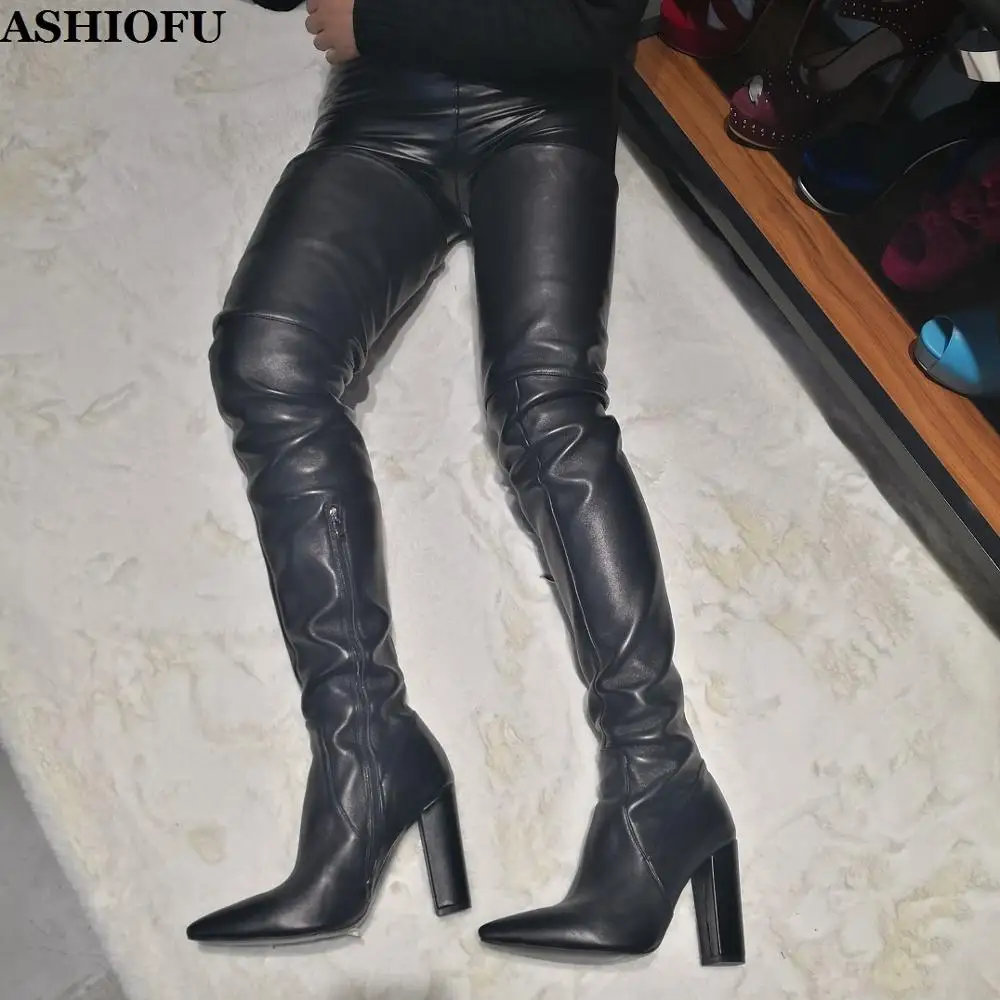 

ASHIOFU Handmade Womens Chunky Heel Boots Real-photo Party Thigh High Boots Night-club Evening Striper Fashion Winter Long Boots
