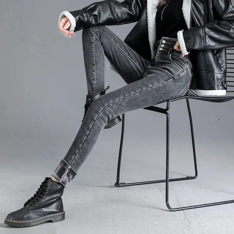 Классические женские узкие джинсы с эластичной талией осенне-зимние облегающие