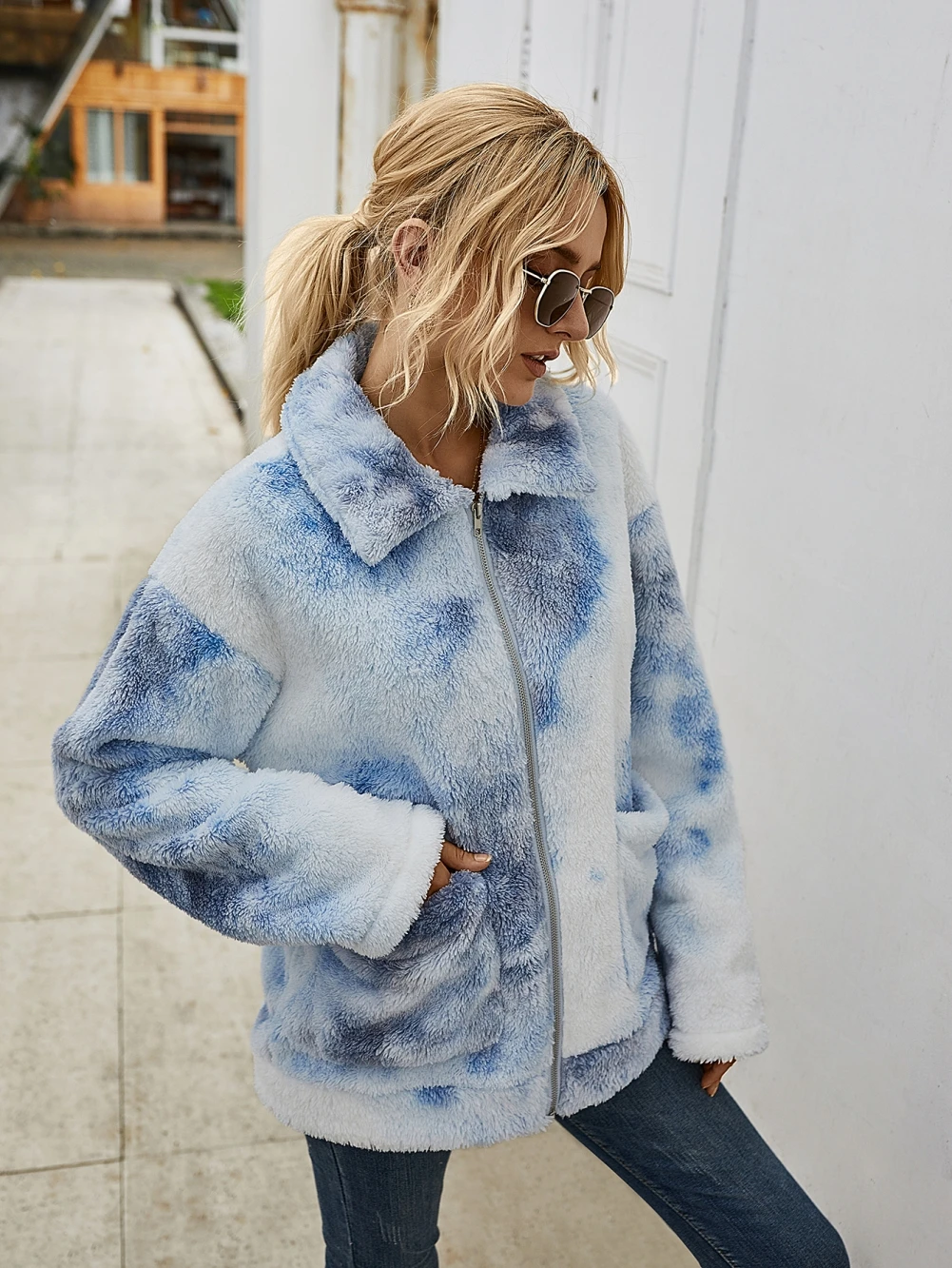 

New Autumn Winter Women Fleece Coats Casual Tie Dye Furry Long Sleeve Zipper Jacket Outerwear Fashion Female Warm Coats