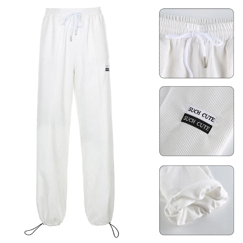 

High Waist Velvet Patchwork Pants Women Autumn Harajuku 90s White Straight Leg Letter Embroidery Sportswear Loose Trousers