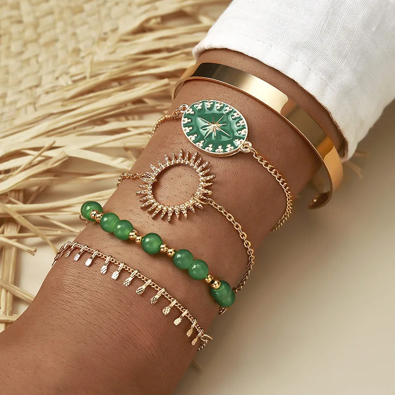 

Bohemia Hippie Etchnic style 5pcs Bracelet Metal Rings Green High Quality Abstract Sun Charm Bracelet for women gift.
