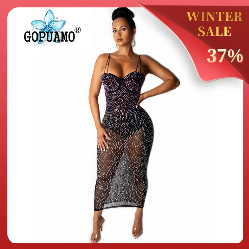 Сетчатое сексуальное облегающее платье со стразами женское Прозрачное без