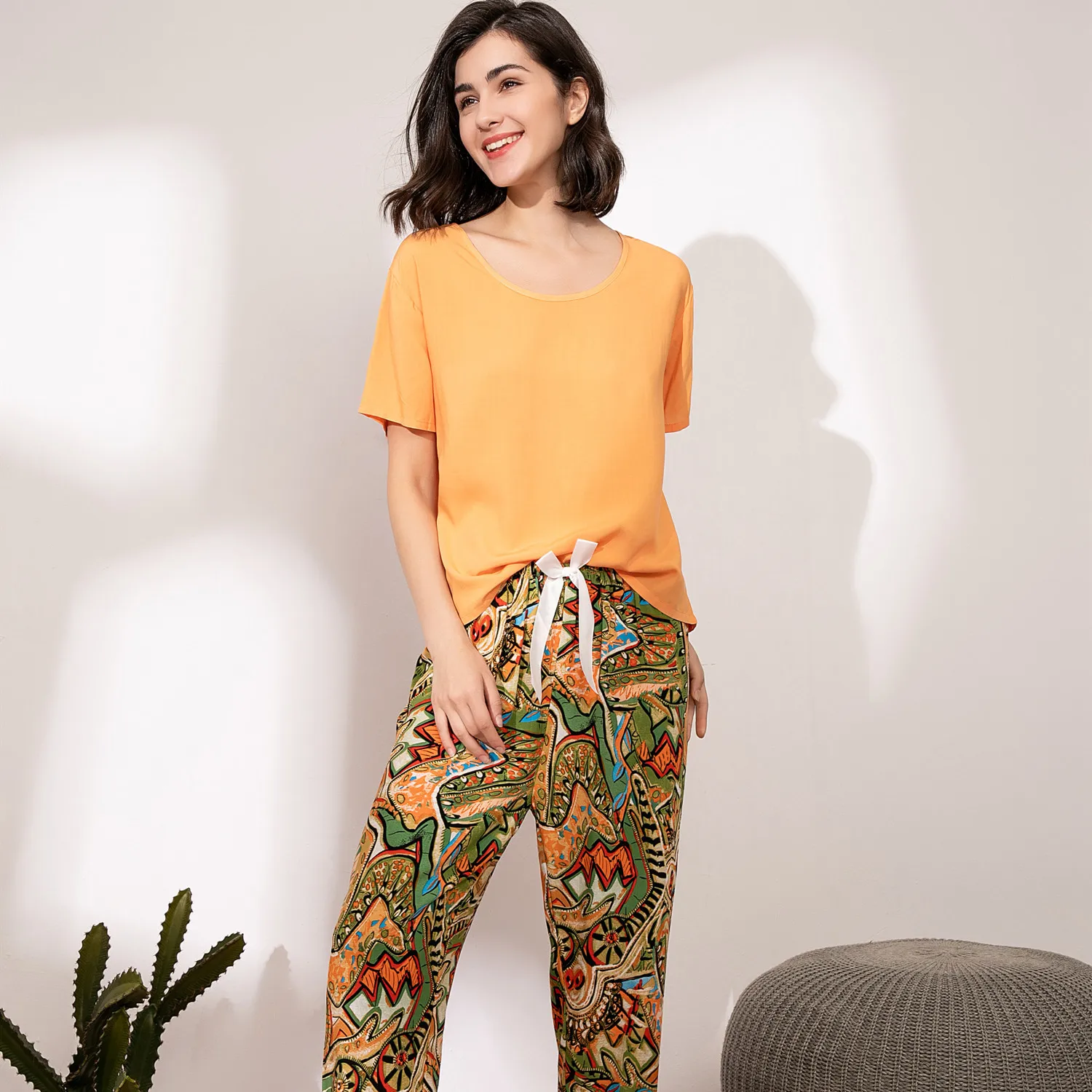 Women's Pajamas Set Viscose Homewear Summer Short-Sleeve T-Shirt Long Pants Sleepwear Suits Floral-Printed Mujer 2PCS Lingeries