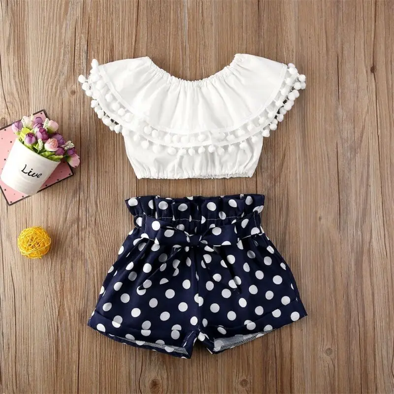 

2-7Y Summer Cute Infant Baby Girls Clothes Sets Summer Sleeveless Ruffles T Shirts Tops+Polka Dot Print Bow Shorts 2Pcs Clothing