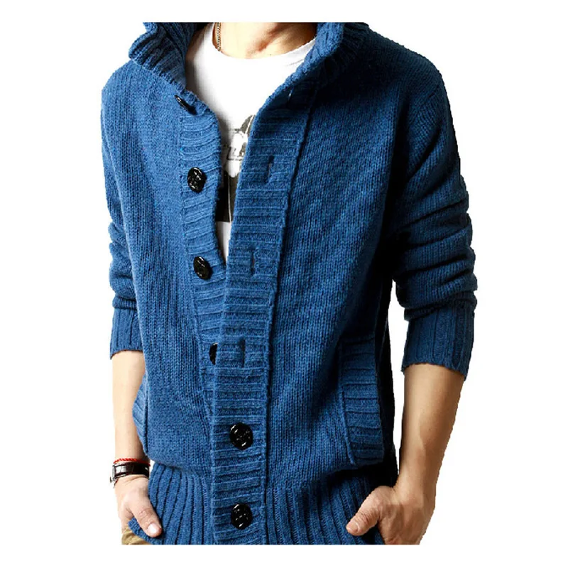 

Black Sweater Mens 2019 Winter Korean-style Big Button Thick Coat Fashion Casual Sweater Stand-Collar Cardigan Sweater Men Loose