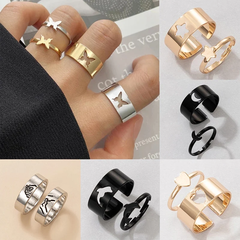 

HuaTang Trendy Gold Butterfly Rings for Women Men Lover Moon Star Dolphin Couple Rings Set Friendship Wedding Rings 2021 Jewelry