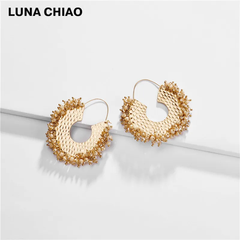 brown LUNA CHIAO, модные ювелирные изделия, серьги из бисера, стеклянные хрустальные металлические серьги-обруч для женщин - Окраска металла: brown