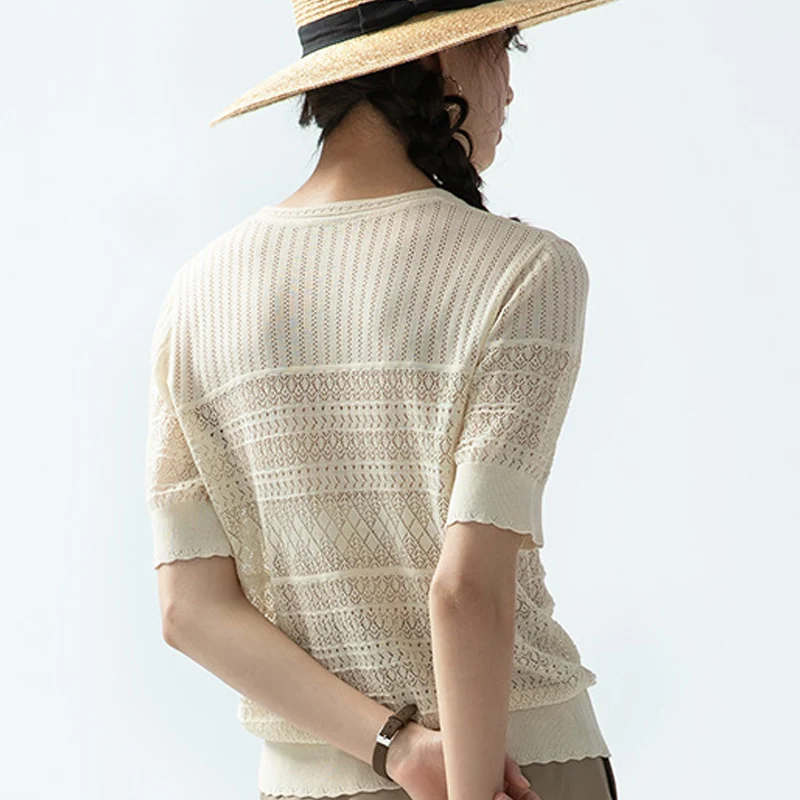 

O-Neck Cut-Out T-Shirts Women's Temperament T-Tops Office Lady Solid Color Tee See-Through Commute Lace Embroidery T-Shirt Femme