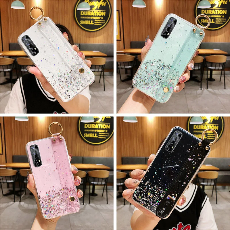 

Wrist Strap Case Realme 7 6 5 3 X7 X50 Pro 7i C15 C12 C11 C17 C2 Case For Oppo A53 A9 A5 2020 A52 A1K Bling Glitter Luxury Cover