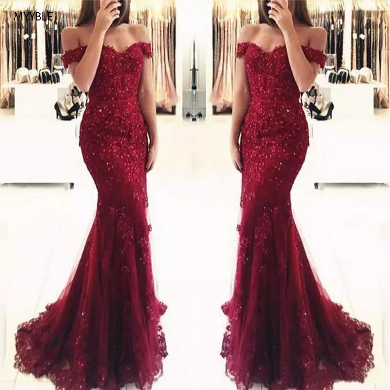 

2020 Vintage Evening Dresses Off Shoulder Tulle Lace Appliqued with Beading Mermaid Evening Gowns Robe de Soiree Formal Dress