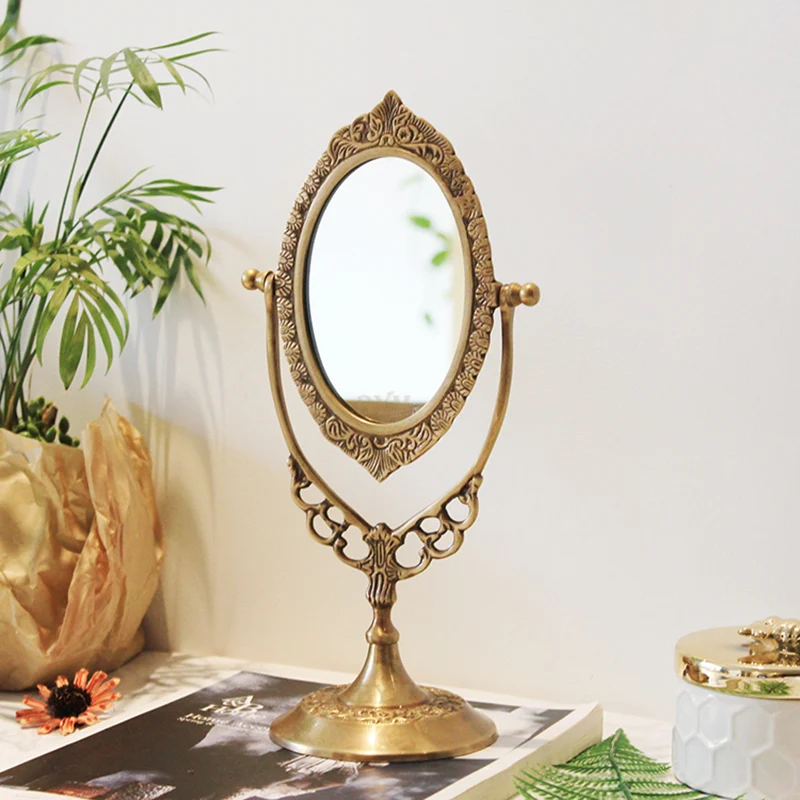 

Dresser Makeup Mirror зеркало косметическое Nordic Style Brass Carved Retro Light Luxury Decoration Simple Creative Mirrors