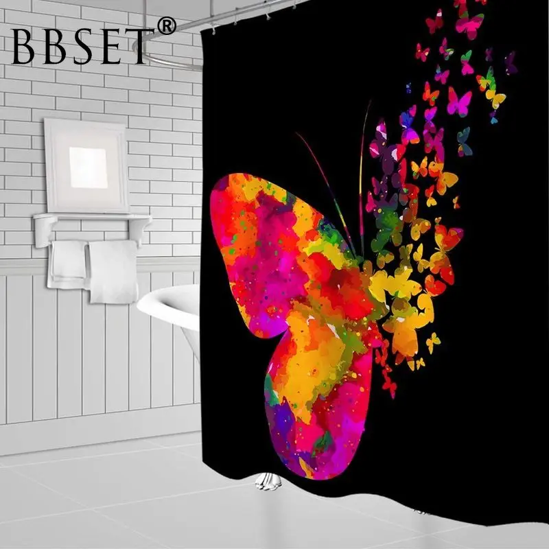 

Занавеска для душа с красочными бабочками, романтичная Водонепроницаемая Штора для ванной комнаты, с узором в виде насекомых, акварель, раз...