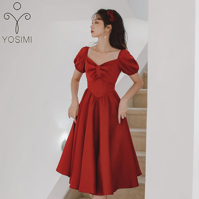 

YOSIMI Red Long Dress Women 2021 Summer Vintage Short Puff Sleeve Bow Strapless Fit and Flare Mid-calf Empire A-line Party Dress