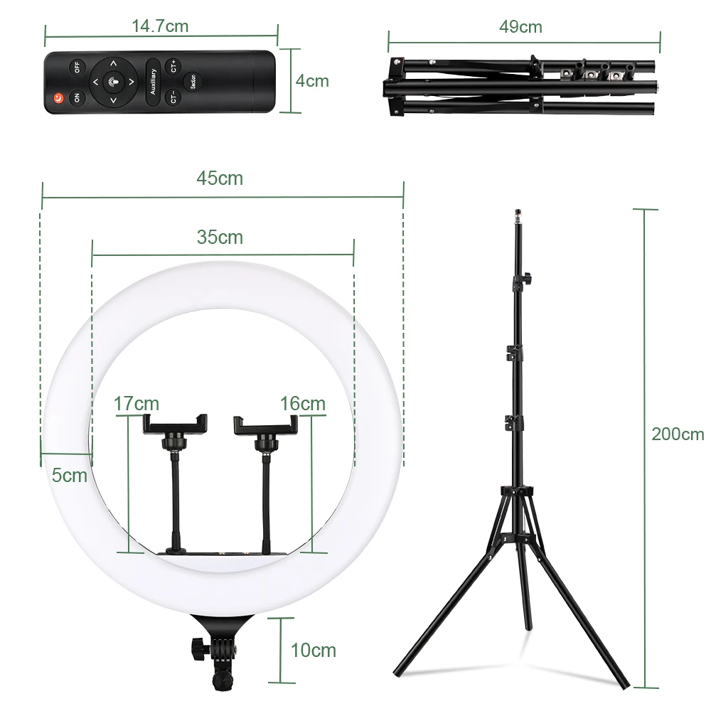 Кольцевой светодиодный светильник для фотосъемки 18 дюймов с регулируемой