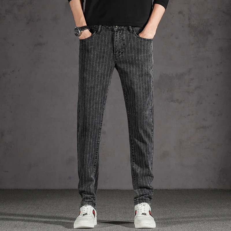 

Newly Designer Fashion Men Jeans High Quality Elastic Cotton Stripe Casual Business Denim Pencil Pants Slim Fit Vintage Trousers