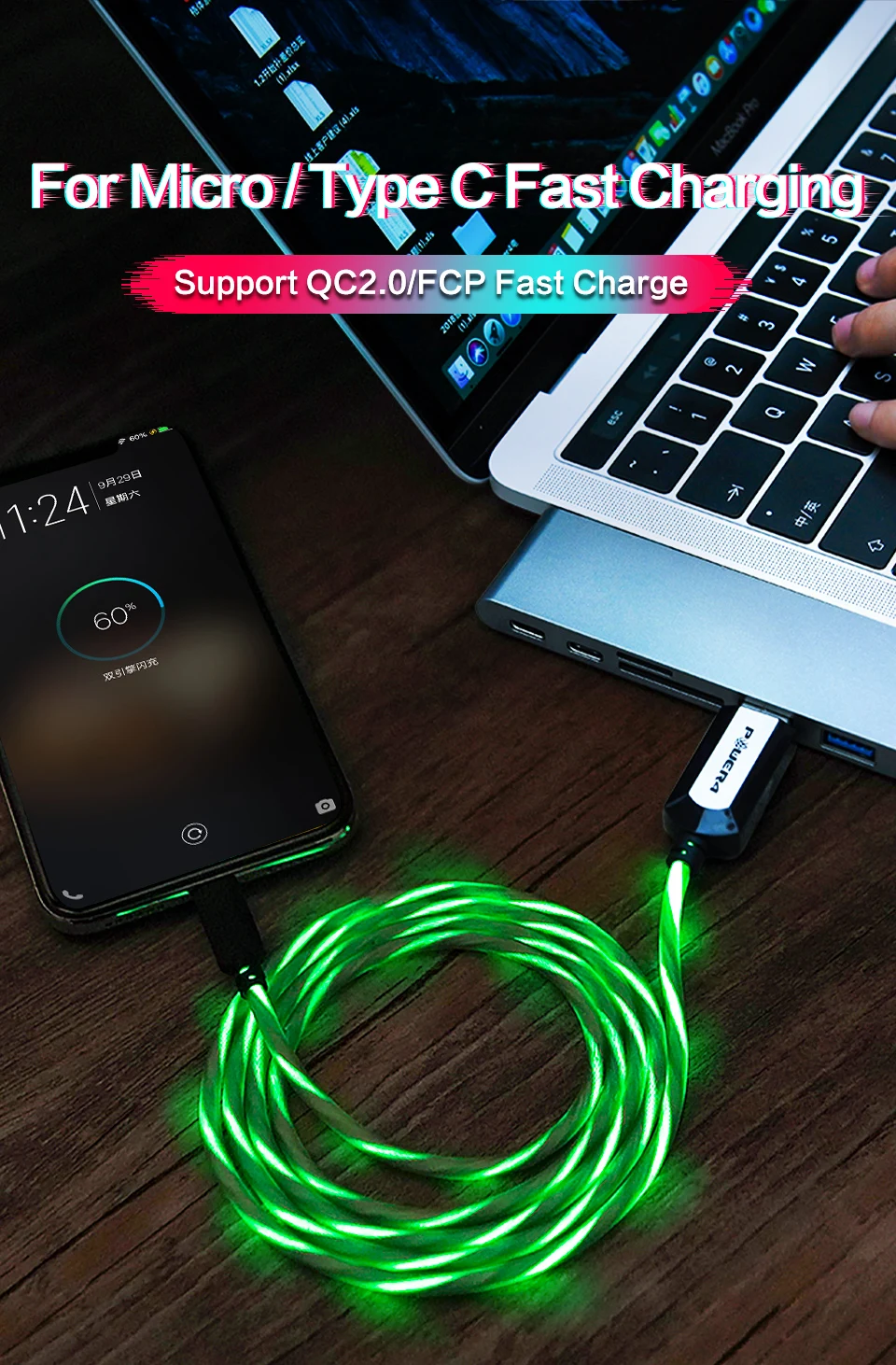 Power4 Светящиеся USB кабели для Lightning/Micro/usb type-C провода для iPhone зарядный кабель освещение для samsung S9 plus/Apple 5 6 7