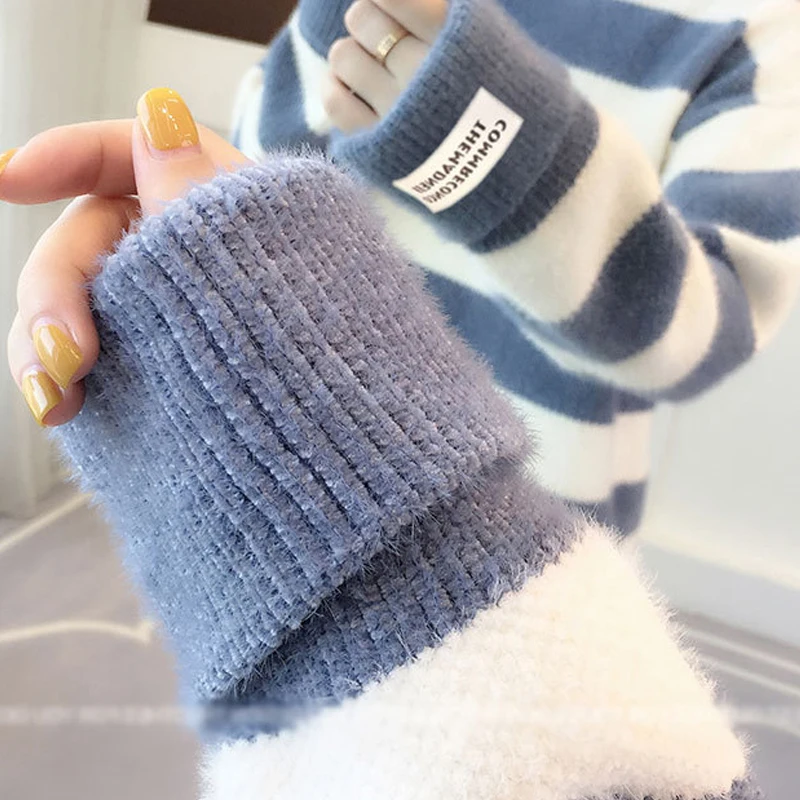 

Korean Style Women's Autumn Winter Sweaters Striped Loose Female Pullovers Half High Neck Long Sleeve Knitted Jumpers Ladies