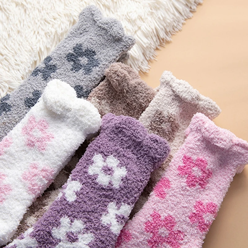 Women Winter Coral Velvet Fuzzy Slipper Socks Sweet Floral Jacquard Solid Color Microfiber Cozy Warm Sleeping Hosiery | Женская одежда