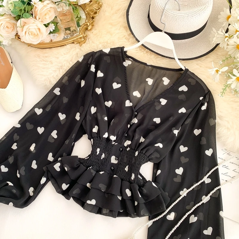 

V-neck Classic Casual Puffy Sleeve Chiffon Prints Blouse Romanitic Heart Prints Ruffled Chiffon Top