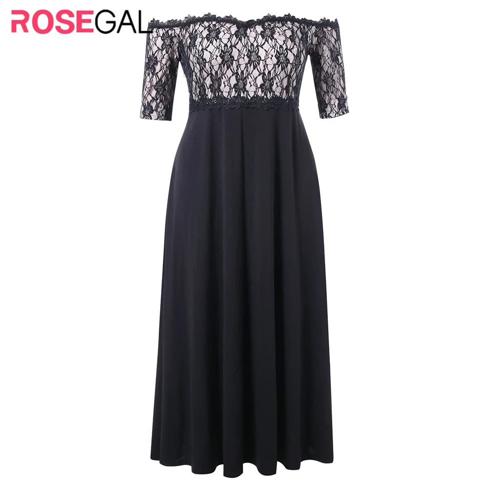 

ROSEGAL Plus Size Lace Applique Floor Length Dress Women Elegant Off The Shoulder 3/4 Sleeves A-Line Dress Vestido Party Dresses