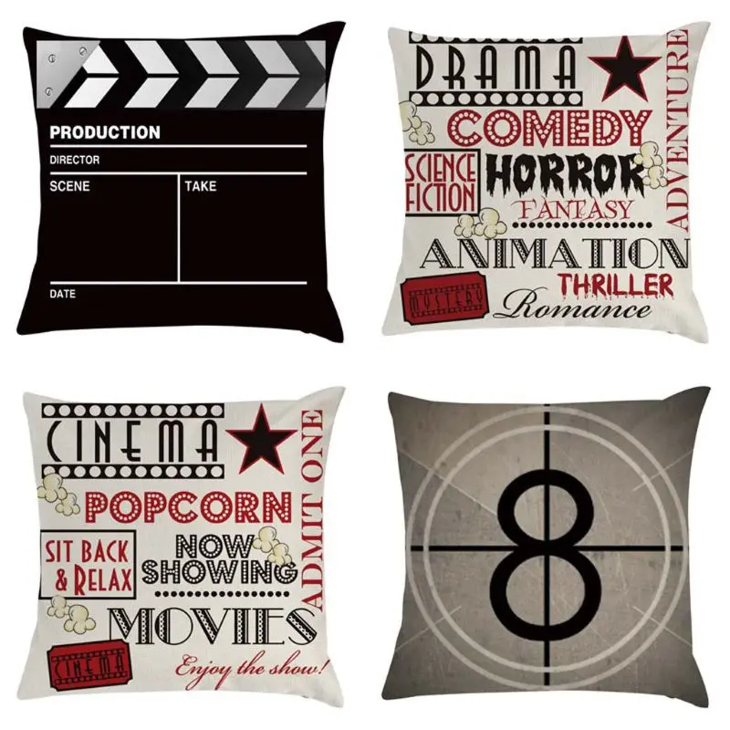 

4 Pcs/Set Cinema Popcorn Pillow Case 45x45cm Movies Playing Board Cushion Cover K1MA 4 Pcs x Cushion Cover