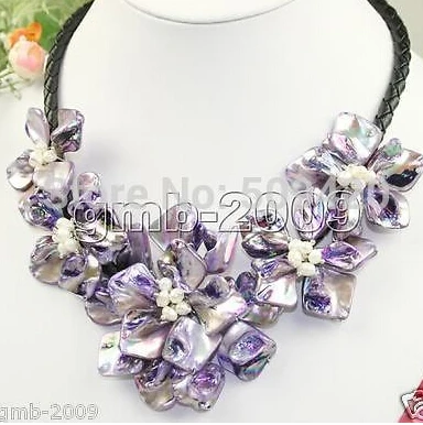 

Pretty Hand Weave Purple Natural MOP Shell Flower White Pearl Necklace 18"