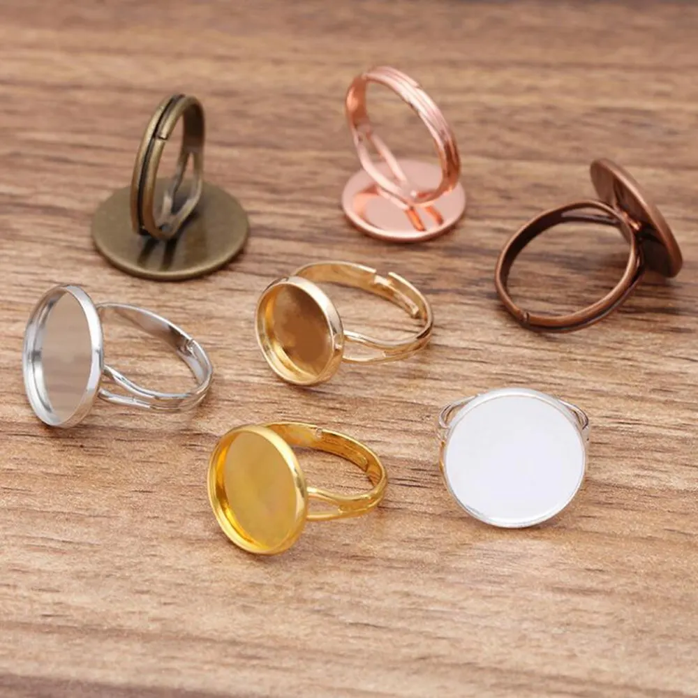 Anéis em Branco Configurações do Anel para Cabochons 16 18 20mm Moldura Redonda Base Anel Ajustável Jóias Fazendo R-b-2 200 Pçs 10 12 14