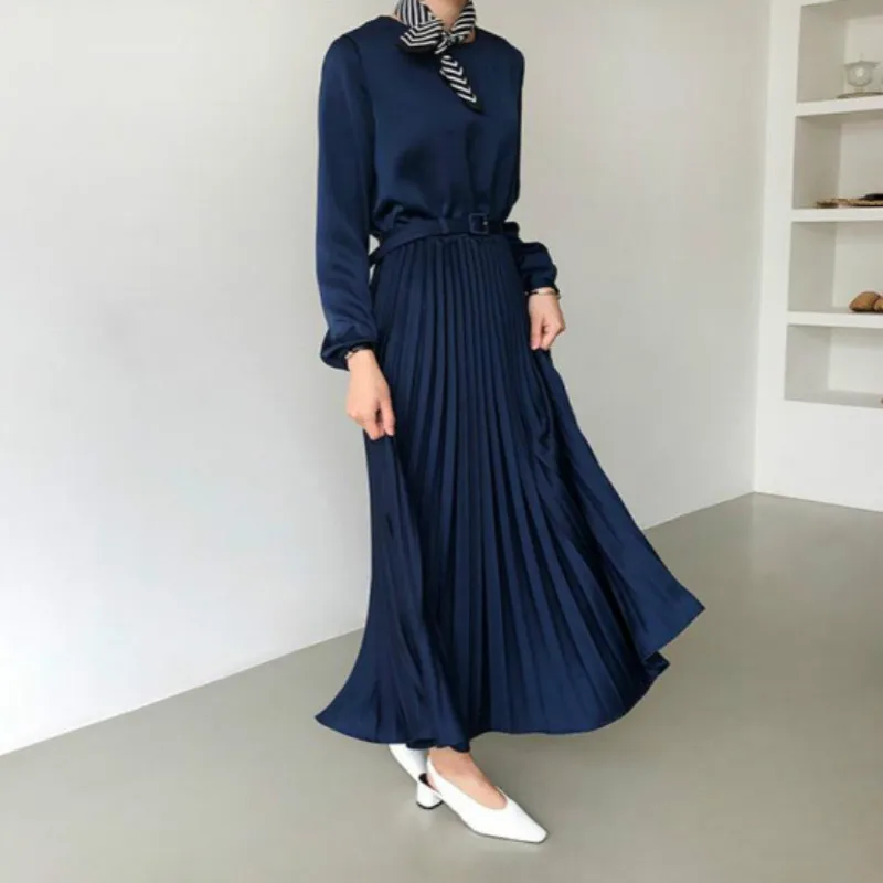 Элегантное Плиссированное длинное платье с поясом однотонное длиной до