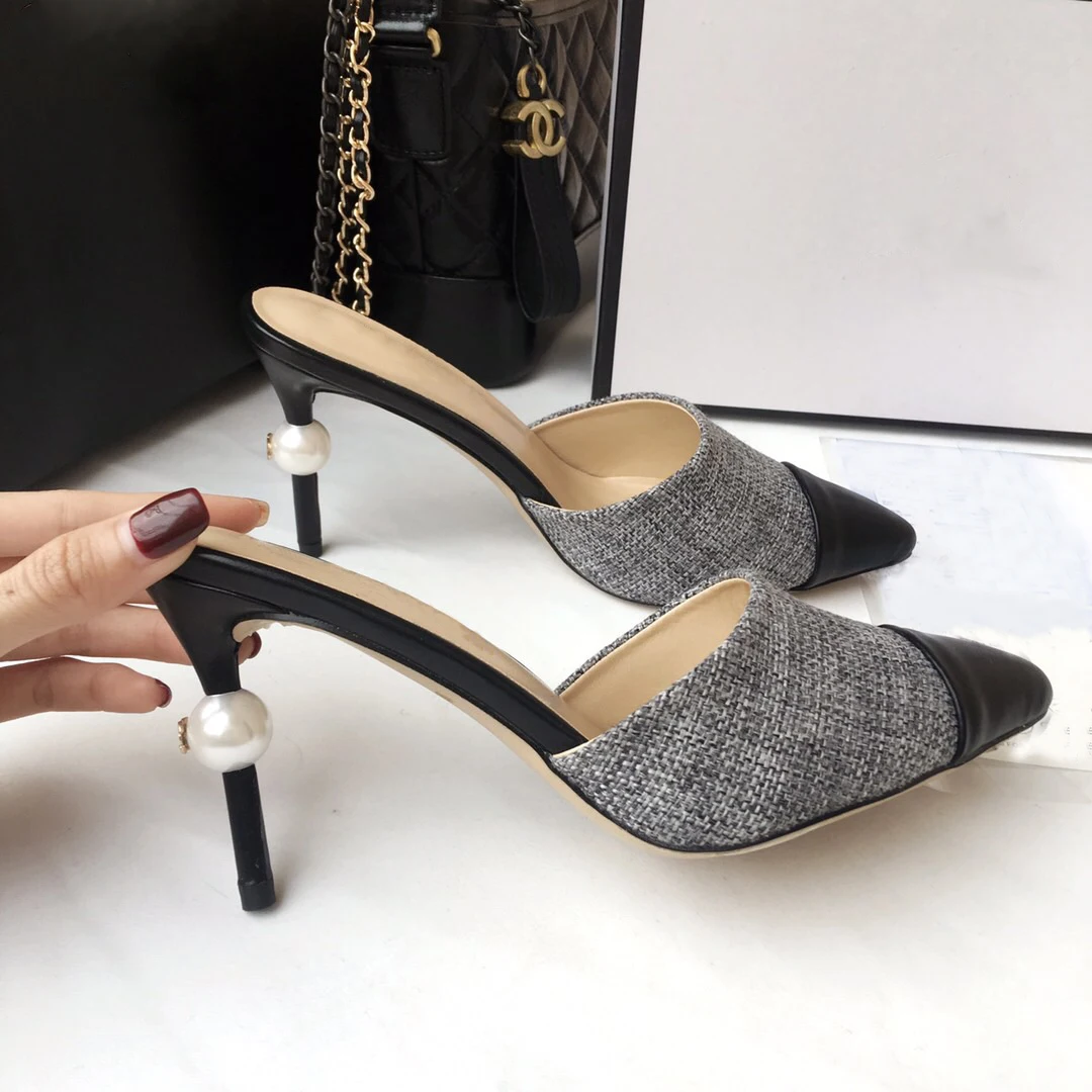 

Pointed Toe Genuine Leather Pearl Decor Woman High Heel slippers Classic Comfortable Thin Heels Wedding Party Elegant Shoes