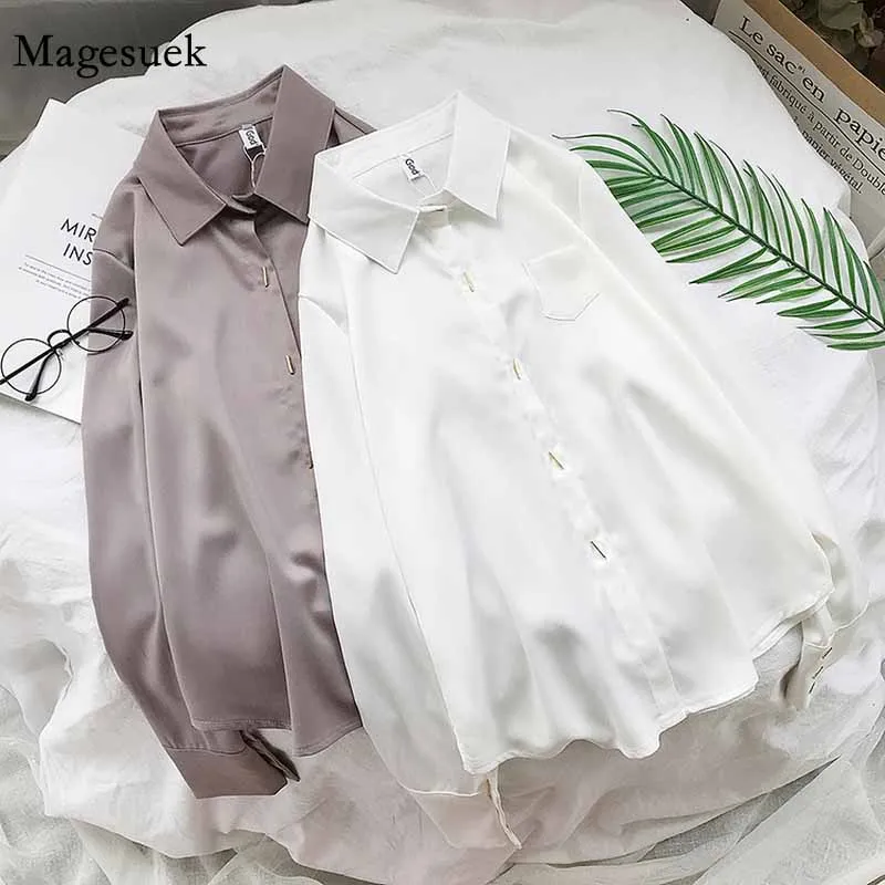 

Fashion Office Lady Women White Tops Autumn Button Shirt Turn-Down Collar Pocket Blouse Long Sleeve Shirt Feminina Blusa 11360