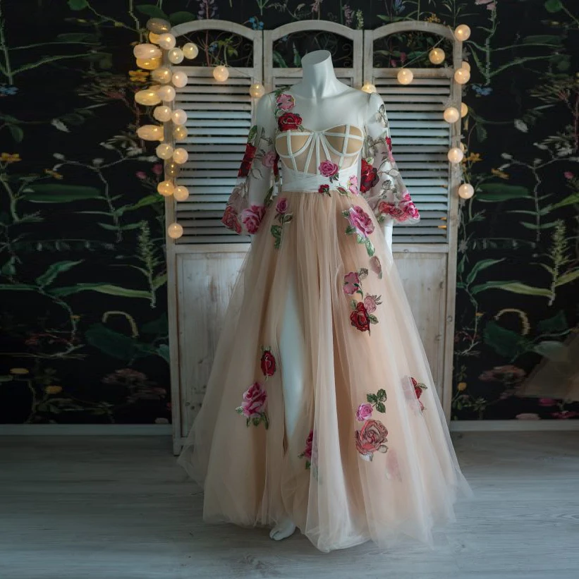 

Pretty Flower Prom Dress V-Neck Puff Long Sleeves Appliques Split Tulle A-Line Women Evening Party Homecoming Elegant Gowns