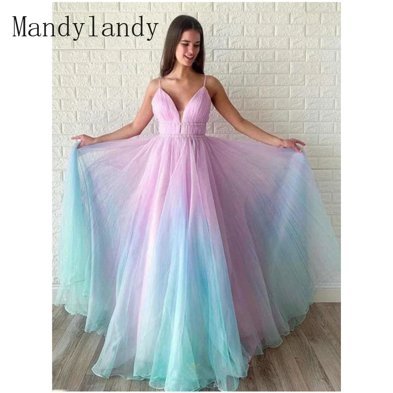 

Mandylandy Women's Sexy Color Gradient Evening Party Dress Ladies Elegant Sleeveless V Neck High Waist Corset Prom Gown