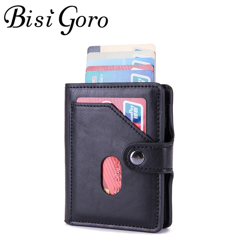 

BISI GORO 2021 Pop-up Wallet Automatic Clutch Hasp Luxury Fashion Card Holder RFID Aluminum PU Leather Antitheft Business Purses