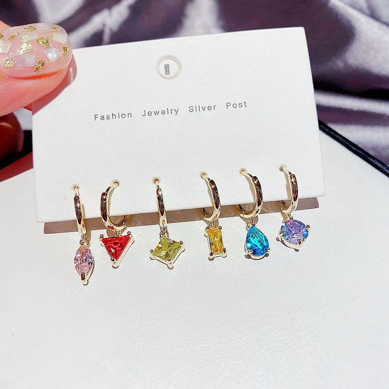 

2020 New Charm Jewelry Colorful Zircon Hoop Earring 6-Piece Set Geometric Unusual Earrings For Women Exquisite Gift Wholesale