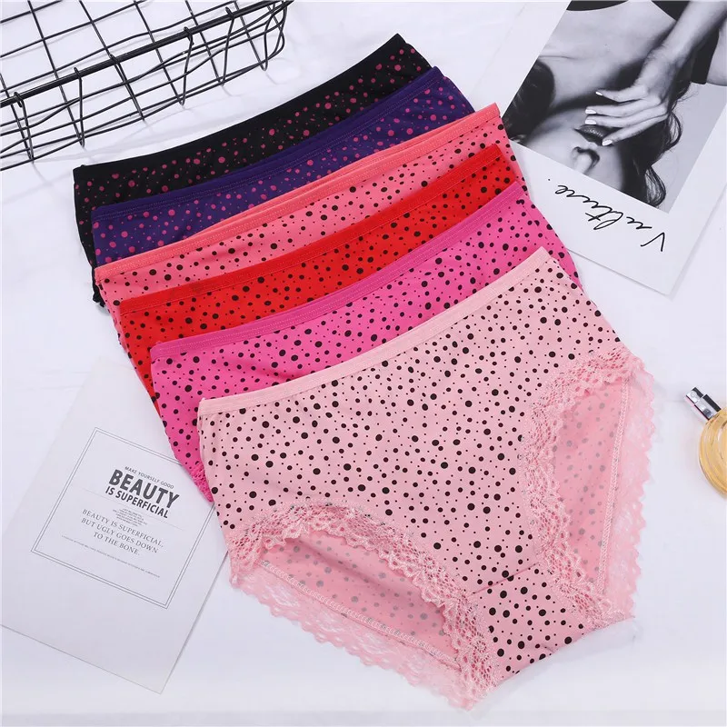 Женское нижнее белье трусы в горошек кружевные трусики со средней посадкой