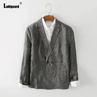 men linen blazers lapel collar retro jacket single breasted top outerwear autumn pocket design blazer sexy mens clothing 2021