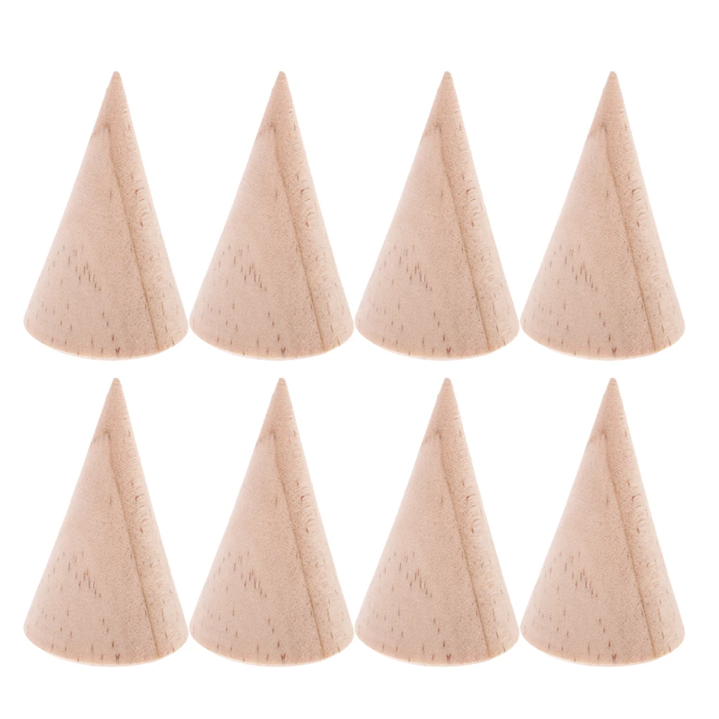 

8 Pieces Plain Geometry Cone Shape 5cm Wood Rack Finger Ring Holder Unpainted Wooden Jewellery Display Stand DIY Crafts