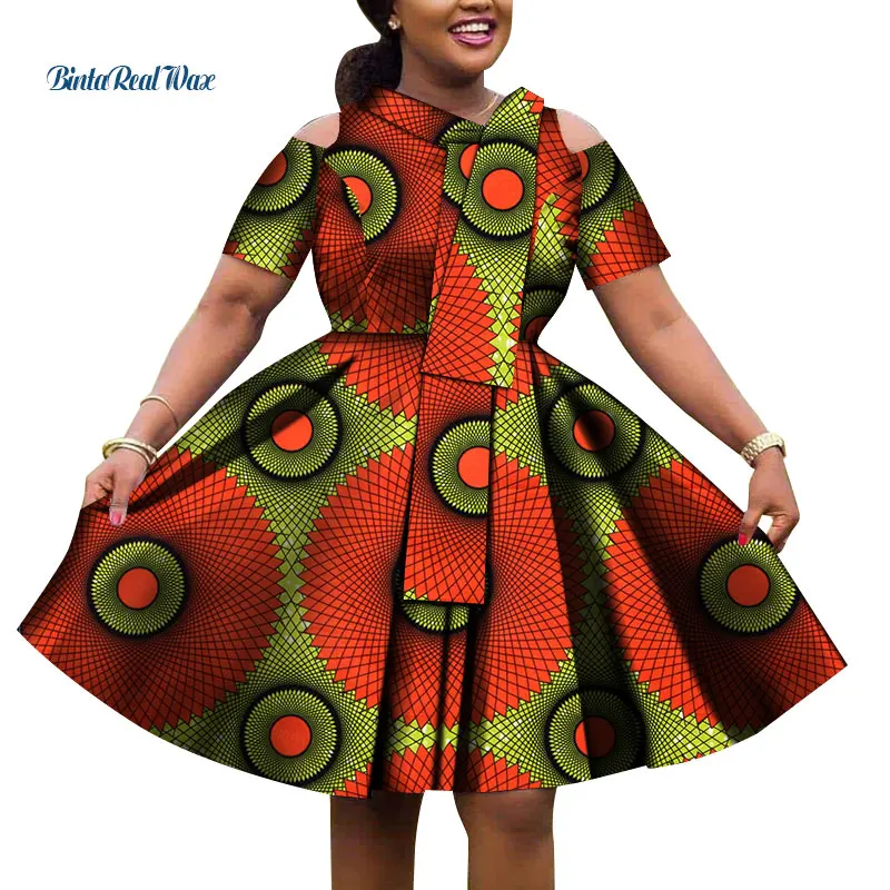 

Africa Woman Dress Casual Bazin Riche Short Sleeve Dress African Print Dresses for Women Traditional African Clothing WY7772