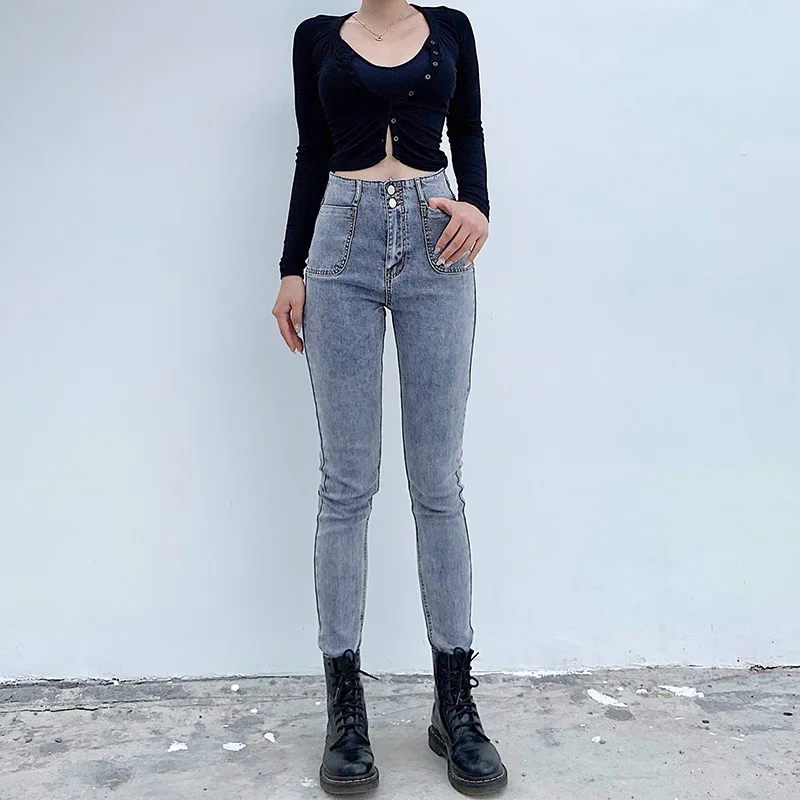 

Женские узкие джинсы в Корейском стиле коллекции 2019 года, индивидуальные Однотонные эластичные узкие джинсовые брюки с высокой талией, син...