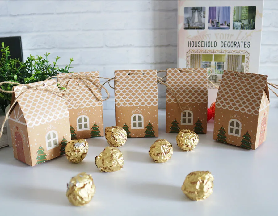 christmas house style christmas gift box kraft paper gift candy bag paper bag kraft candy cookies box party supplies free global shipping