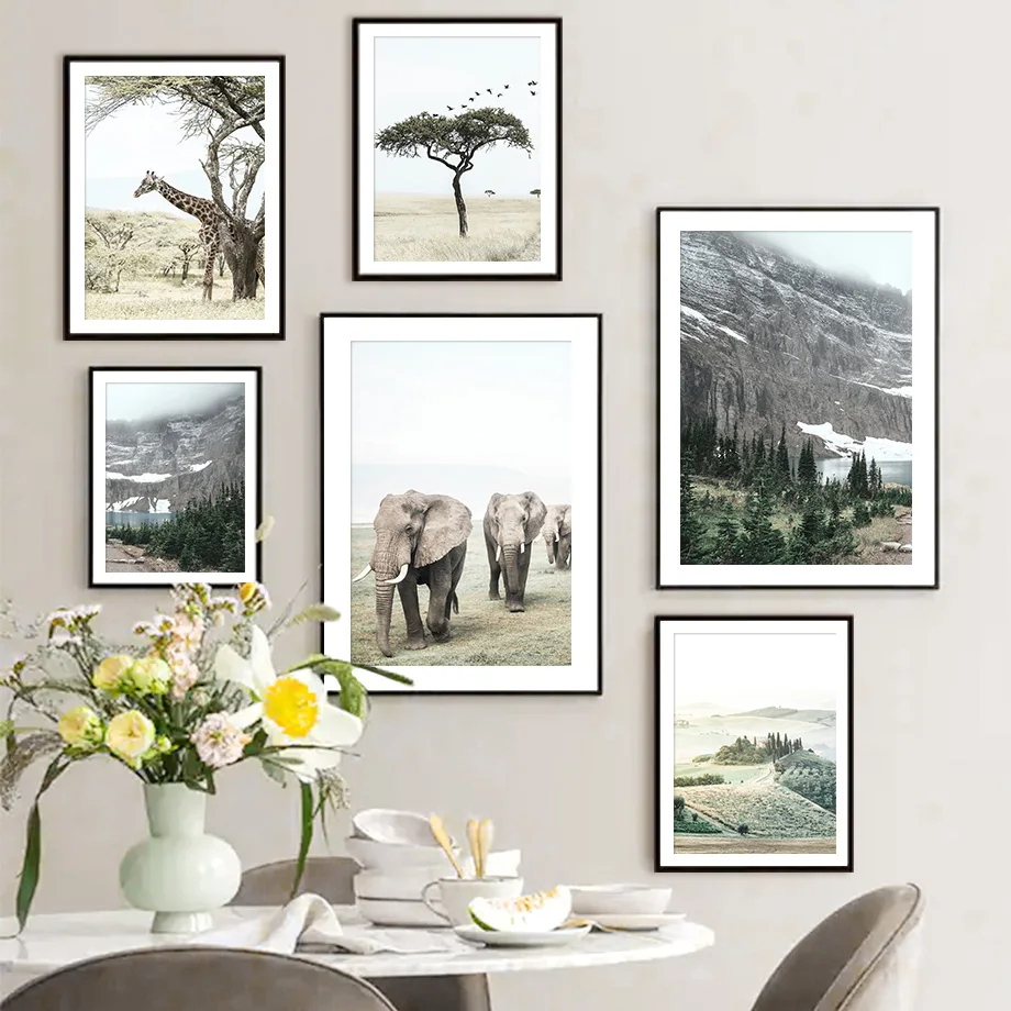 

Elephant Giraffe Autumn Grassland Rock Forest Nordic Posters And Prints Wall Art Canvas Painting Pictures For Living Room Decor