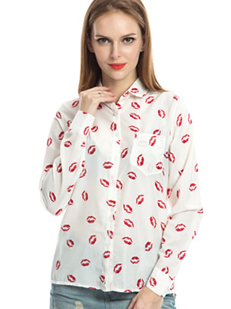 

2020 new women's casual fashion shirt lapel long sleeve lip printed plaid bottoming shirt chiffon shirt