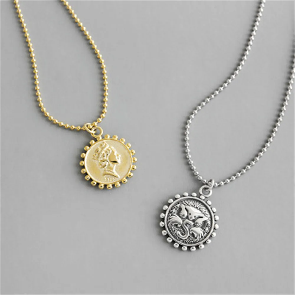 

Kikichicc 925 Sterling Silver Beads Chain Women Image Coin Pendant Necklace 2020 Fine Jewelry For Rock Punk 2 Side Necklace