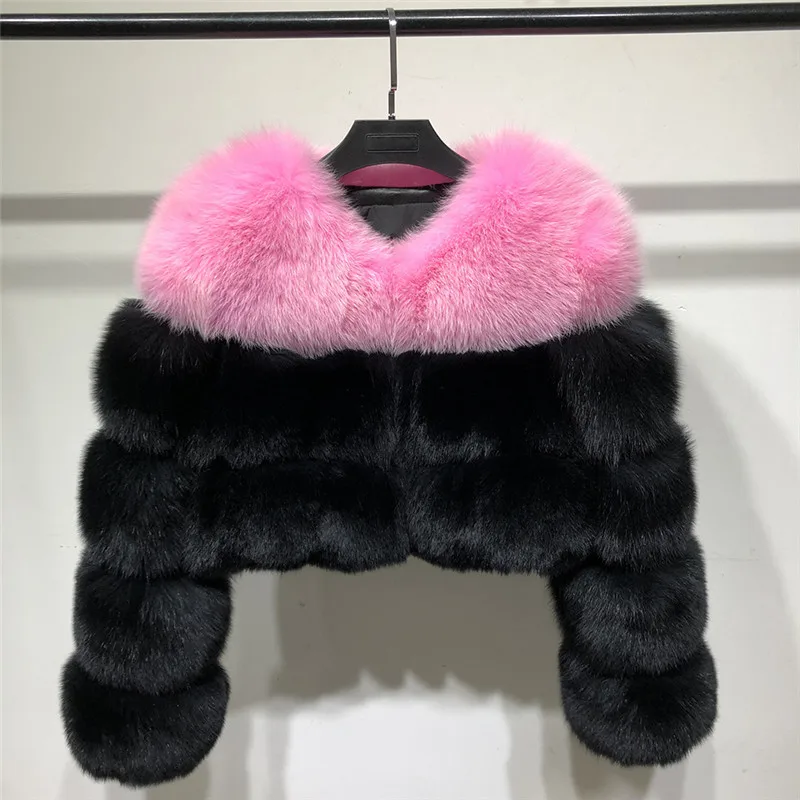 Fashion Short V-Neck Natural Fox Fur Coats For Women Winter Luxury Color Stitching Real Fox Fur Jacket Woman Outwear Fur Coat